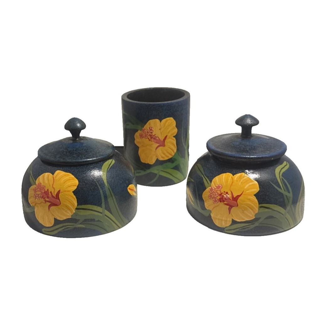 2 Vtg Hand Painted Wood Trinket With Lids And Cup 5 Pc Yellow Hibiscus Blue
